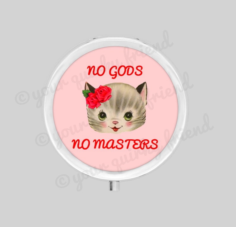No Gods No Masters Metal Pill Box Kitsch Kitten Stash Box Trinket Box Kitty Cat Pill Case Vitamins Weed Meds Pills bild 1