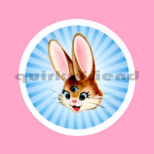 May include: A sticker featuring a cartoon rabbit with a third eye in the center of its forehead. The rabbit has brown fur, pink ears, and a blue background with white rays emanating from the center.