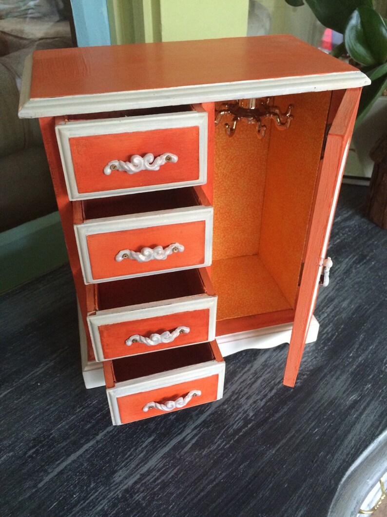 Orange Coral Mod Painted Jewelry Box Armoire New Lining Etsy