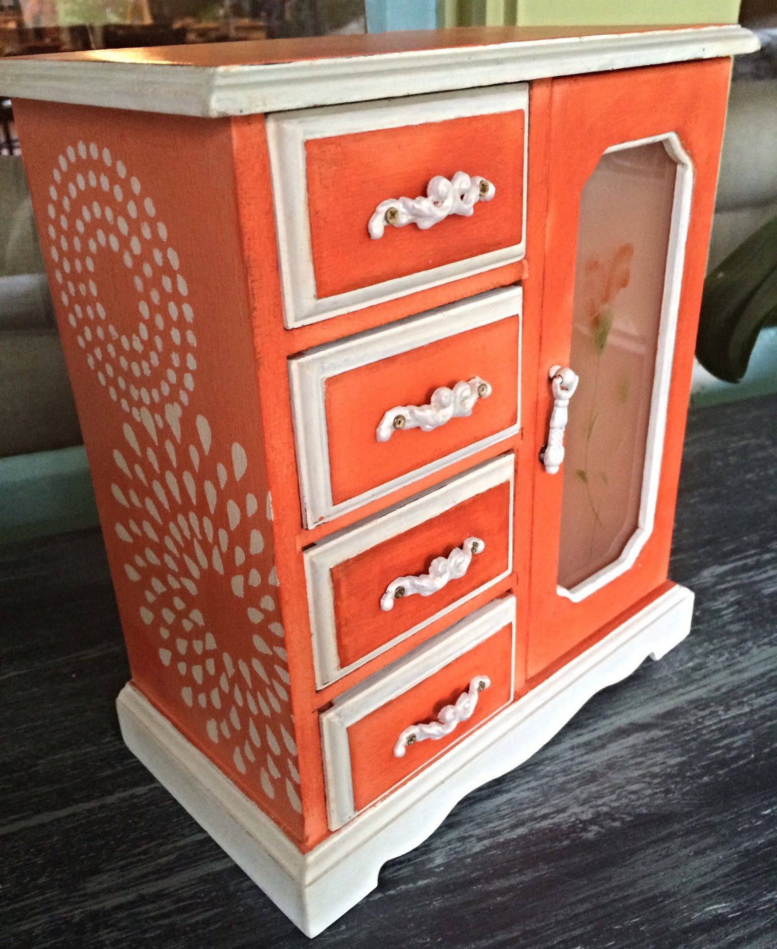 Orange Coral Mod Painted Jewelry Box Armoire New Lining Etsy