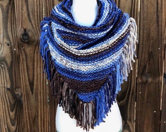 READY TO SHIP. Triangle cowl. Blue. Brown. Silver. Charcoal. Fringed cowl. Trangle scarf. Soft. No fuss cowl.