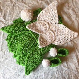 May include: A green crocheted baby outfit with white crocheted wings, a headband, and booties. Each piece has a white pom-pom.