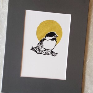 Hand printed black-capped Chickadee linocut art print