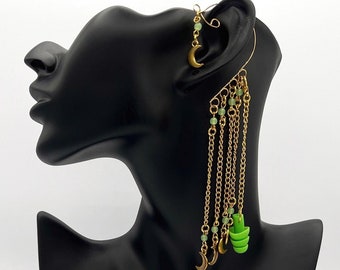 Moons Czech Uranium Glass Earplug Ear Cuffs with moon Charms - Celestial Sensory Jewelry for Sound Sensitivity