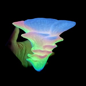 A hand in the dark is holding a vibrant rainbow glow in the dark Djamour fungus floating mushroom shelf printed out of bio plastic PLA