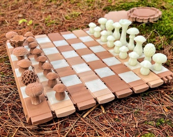 Houten blokschaakbord met paddenstoelschaakstukken en eikeldammen Aangepast cadeau: glow in the Dark decor draagbaar schaakspel natuurthema