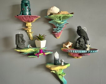 5 Mushroom Shelf Set that Glows In the Dark, Cottagecore Wall Decor and storage. Cute office shelves, unique gift for mushroom lovers