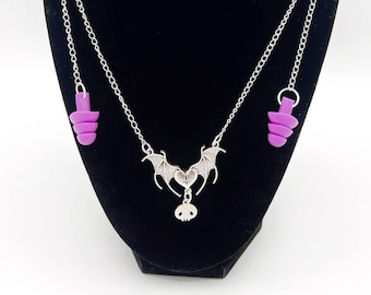 Sensory earplug necklace with cute gothic bat wings and adorable scull, Earplug sensory jewelry, accessible accessory