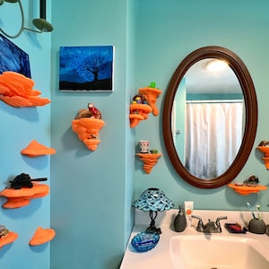 Mushroom shelf, mushroom shelves, glow in the dark, glow in the dark mushroom shelf, glow in the dark mushroom shelves, 3d printed mushroom shelf, 3d printed mushroom, mushroom wall decor, cottagecore wall shelf, floating mushroom shelf