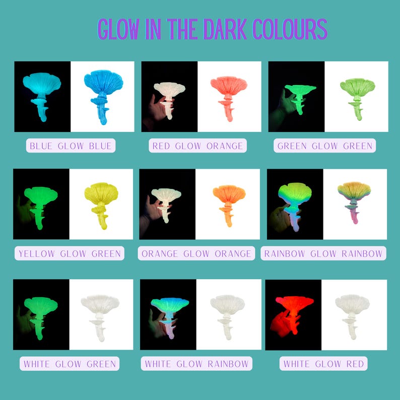 May include: A product display showcasing glow-in-the-dark mushroom-shaped decorations in various colors. The image features a grid of mushrooms in blue, red, green, yellow, orange, and rainbow hues, with the text "GLOW IN THE DARK COLOURS".