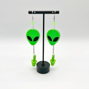 Green whimsical Alien Head Earplug Earrings, Weird Rave Accessories, Kandi EDM festival outfit, UV Blacklight glow loop earplug raveware image 2