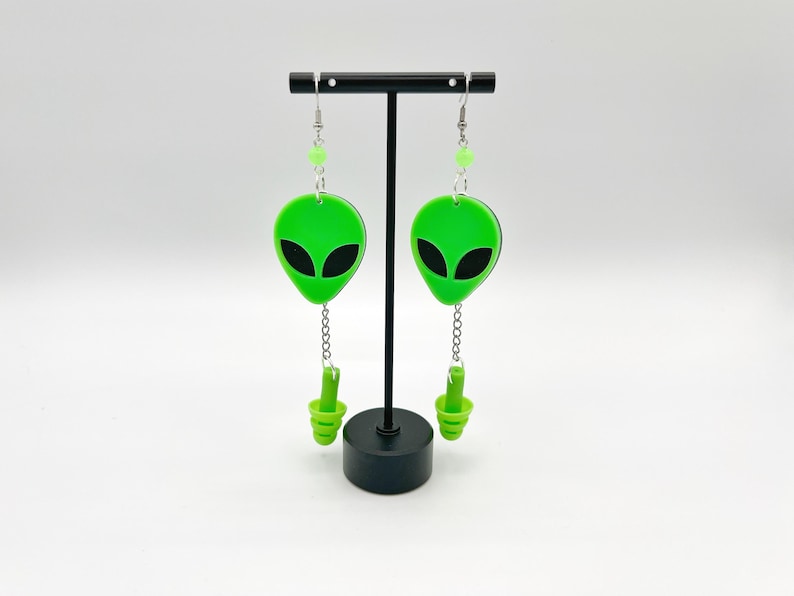 Green whimsical Alien Head Earplug Earrings, Weird Rave Accessories, Kandi EDM festival outfit, UV Blacklight glow loop earplug raveware image 2