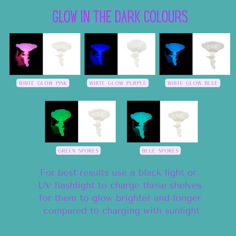 May include: An image showcasing glow-in-the-dark shelves in various colors: white glow pink, white glow purple, white glow blue, green spores, and blue spores. The text reads "GLOW IN THE DARK COLOURS".
