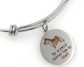 My Norwich Terrier Has My Heart Engraved Expandable Bangle Bracelet, Dog
