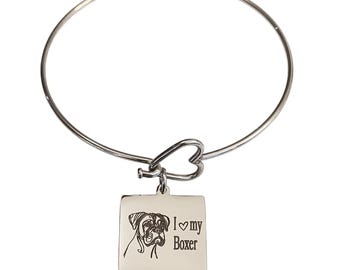 I Love My Boxer Engraved Heart Bangle Bracelet