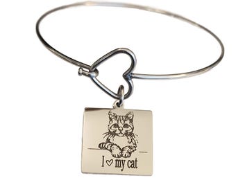 I Love my Cat Laser Engraved Charm Heart Bangle Bracelet, Peeking Cat