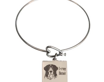 I Love My Berner Bernese Mountain Dog Engraved Heart Bangle Bracelet