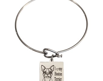 I Love My Boston Terrier Engraved Heart Bangle Bracelet