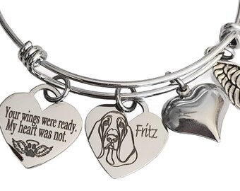 Personalized Basset hound Memorial Bangle Bracelet, Engraved Dog Remembrance Jewelry