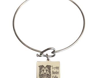 I Love My Border Collie Engraved Heart Bangle Bracelet