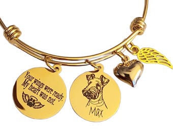 Personalized Airedale Terrier Gold Memorial Bangle Bracelet, Engraved Dog Remembrance Jewelry