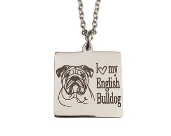 English Bulldog Laser Engraved Silver Charm Necklace