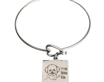 I Love My Bichon Frise Engraved Heart Bangle Bracelet