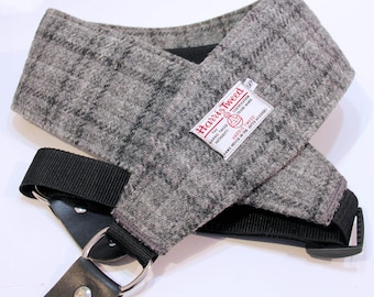 2.75'' and 4'' wide Harris Tweed guitar straps in grey check.