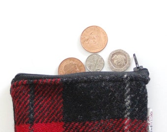 Red and Black check Harris Tweed coin purse, zipped lined small purse.