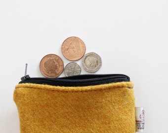 Mustard Harris Tweed coin purse, zipped lined small purse.