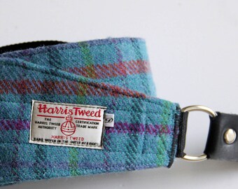 2.75'' and 4'' wide Harris Tweed guitar straps in turquoise check.