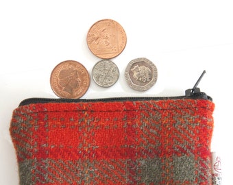 Orange check Harris Tweed coin purse, zipped lined small purse.