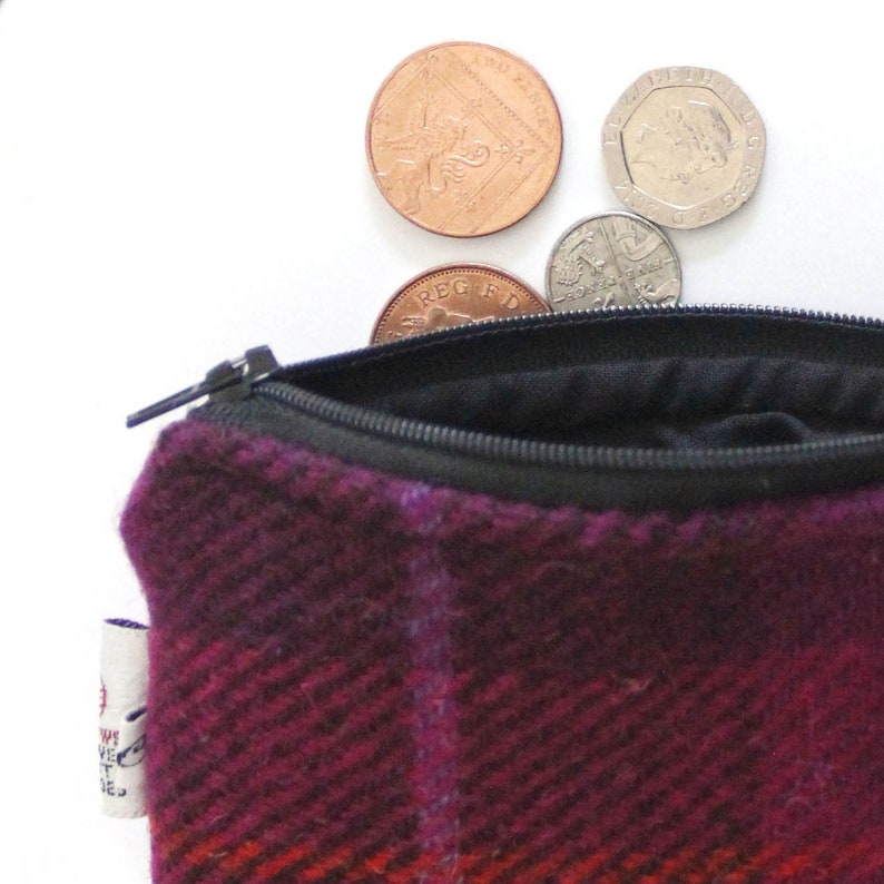 Fuchsia check Harris Tweed coin purse, zipped lined small purse. image 3