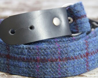 1.6'' and 2'' wide Harris Tweed guitar straps in dark blue check