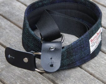 2.75'' and 4'' wide Harris Tweed wide guitar straps in Black Watch Tartan