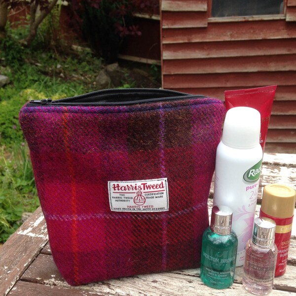 Harris Tweed wash bag, waterproof cosmetic bag in cerise check