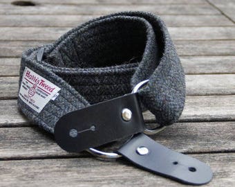 1.6'' and 2'' wide Harris Tweed guitar straps in charcoal herringbone