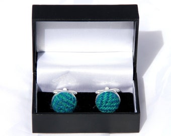 Cuff links in Harris Tweed, blue herringbone, silver