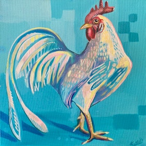 White rooster/cockerel (Leghorn Bantam) original painting