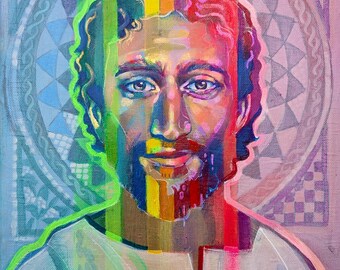 May include: A colorful portrait of a man with a beard and curly hair. The artwork features a rainbow-colored vertical stripe down the center of the face and a decorative circular pattern in the background. The man is wearing a light-colored tunic.