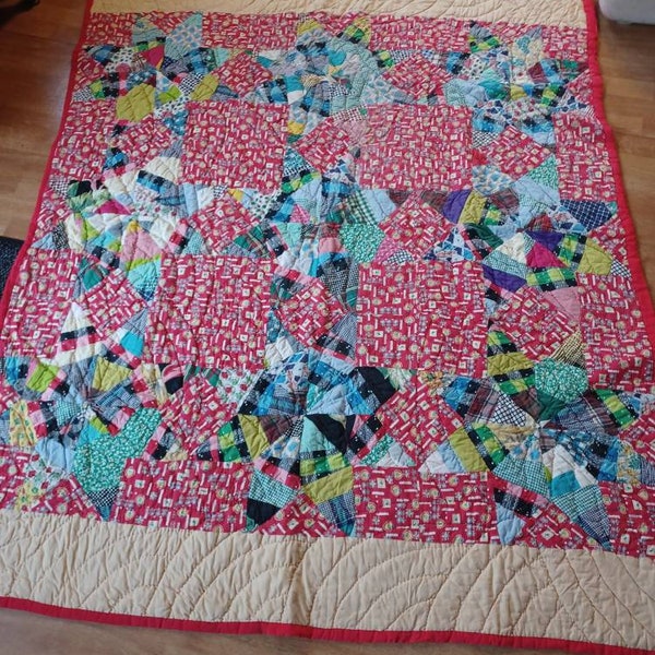 Quilt vintage hand quilted 60x76 inches  feed sack fabric, 1960's