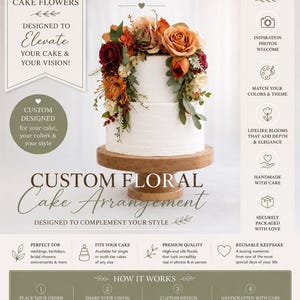 Può includere: Una torta bianca a due piani su un'alzata in legno, decorata con una composizione floreale di fiori di seta arancioni, color ruggine e rosso scuro con fogliame verde. L'immagine include testo che descrive i servizi di fiori per torte.
