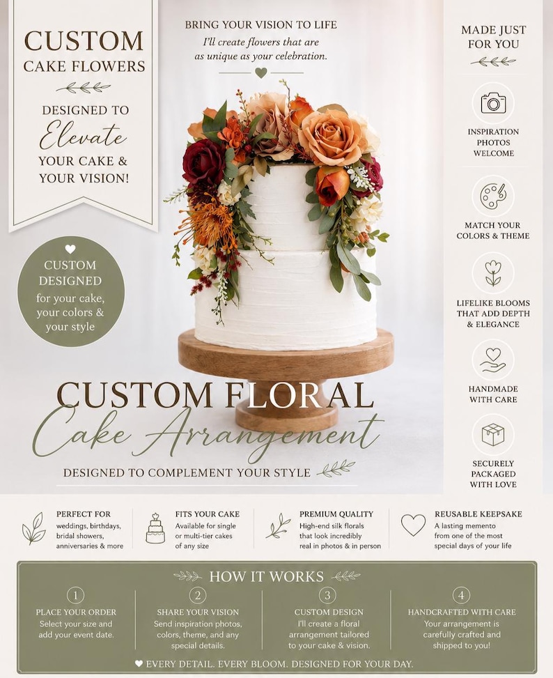 Puede incluir: Un pastel blanco de dos niveles sobre un soporte de madera, adornado con un arreglo floral de flores de seda naranjas, &oacute;xido y rojo oscuro con follaje verde. La imagen incluye texto que detalla los servicios de flores para pasteles.