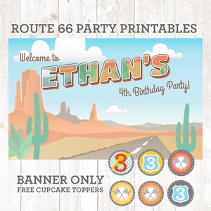 Stampabili personalizzati per feste di compleanno con auto d'epoca di Radiator Springs - Solo banner più topper per cupcake gratuiti