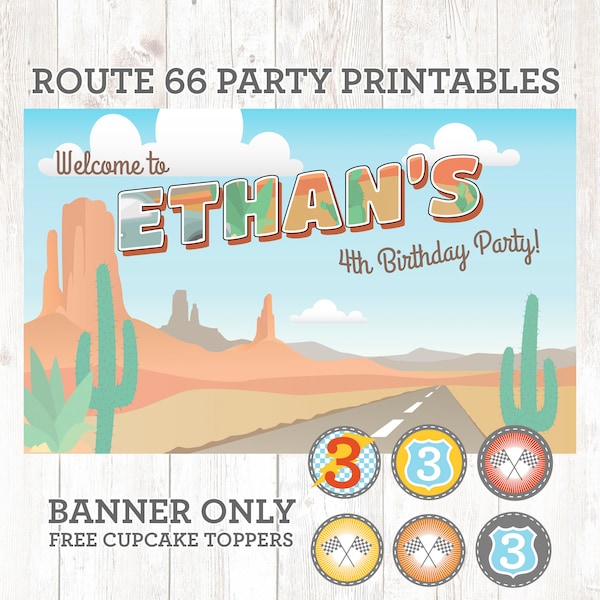 Personalized Radiator Springs Vintage Cars Birthday Party Printables - Banner Only Plus Free Cupcake Toppers