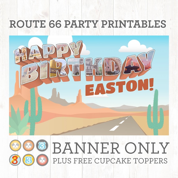 Personalized Radiator Springs Vintage Cars Birthday Party Printable JPG file - Banner Only - Big Letter Happy Birthday Version Il_570xn