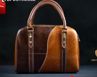 May include: A two-tone leather handbag with a curved design, featuring a dark brown and tan color scheme. The bag has a top handle, decorative stitching, and metal rivets. The image also includes the text "PDF DOWNLOAD" and "VIDEO TUTORIAL".