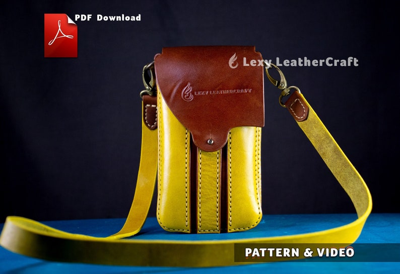 Puede incluir: Una funda de tel&eacute;fono de cuero amarillo con una solapa de cuero marr&oacute;n y una correa. La funda tiene un dise&ntilde;o cosido y la correa es ajustable. La funda est&aacute; etiquetada como "Lexy LeatherCraft". La imagen incluye el texto "PATTERN & VIDEO".