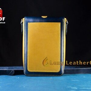 Back side of the finished leather pouch showing belt loops and a solid yellow leather panel. Digital leather pattern files for DIY projects