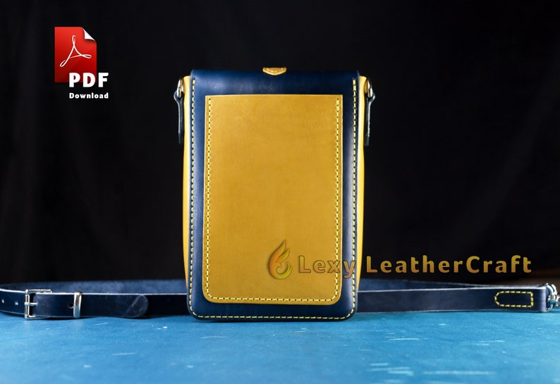Back side of the finished leather pouch showing belt loops and a solid yellow leather panel. Digital leather pattern files for DIY projects